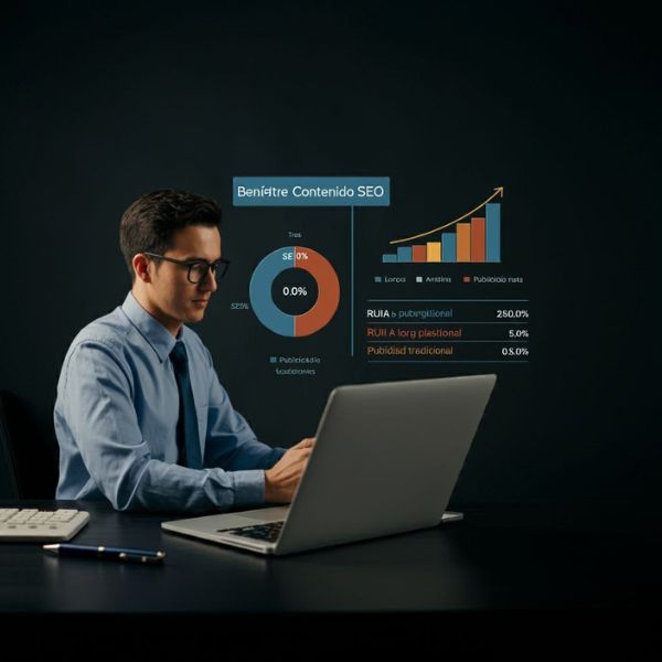 Hombre empresario sentado en escritorio en el fondo Gráfico que muestre los beneficios del contenido SEO